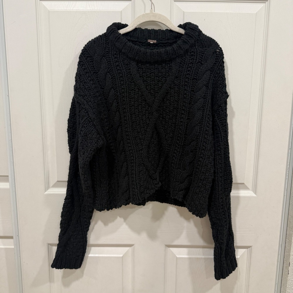 Free People Black Cable Knit Cropped Sweater OB1505562 Cotton Crew Neck